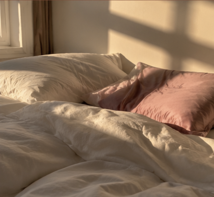 Rumpled white bed linen with a single dusty-rose pillow in warm afternoon light
